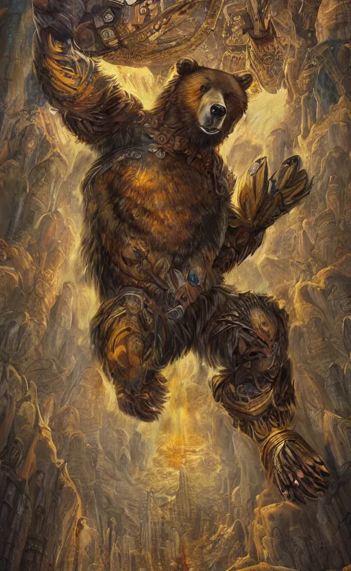 Image similar to mural of a bear beast-man, sci fi weapon, royal ornaments, reaching towards the heavens, sci fi world, holy imagery, highly detailed, beautiful colors, renaissance mural, mural in the style of sandro boticceli, sandro boticceli