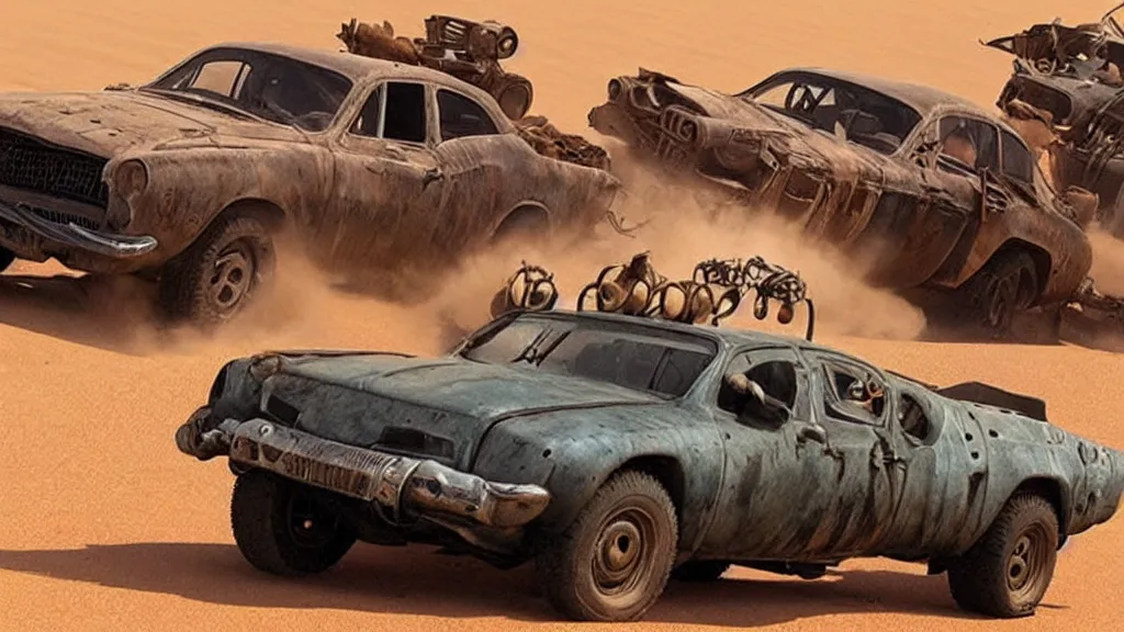 Image similar to mad max cars in a pixar movie
