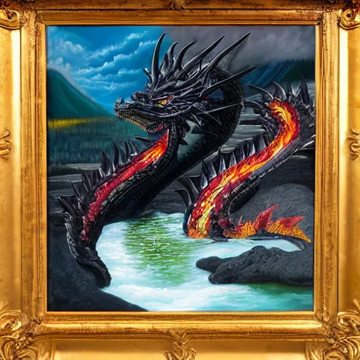 Prompt: highly detailed oil painting of a black dragon in the middle of a colorful hotspring at yellowstone national park, featured on artstation