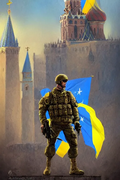 Image similar to special forces soldier raising ukrainian blue and yellow flag, kremlin st. basil cathedral in the background, masculine figure, d & d, fantasy, bright atmosphere, volumetric lights, intricate, elegant, extremely detailed, digital painting, artstation, concept art, matte, smooth, sharp focus, hyper realistic, illustration, art by artgerm and greg rutkowski and alphonse mucha