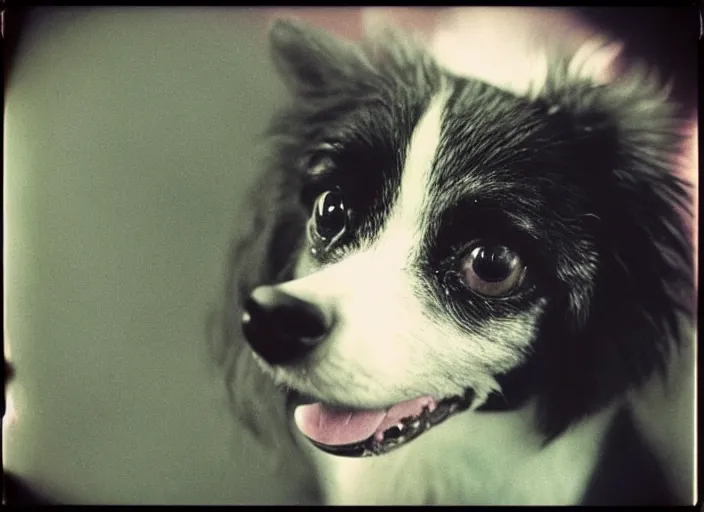 Prompt: a extreme close - up photo, color studio photographic portrait of a little dog bird hybrid, dramatic backlighting, 1 9 7 3 polaroid photo from life magazine,