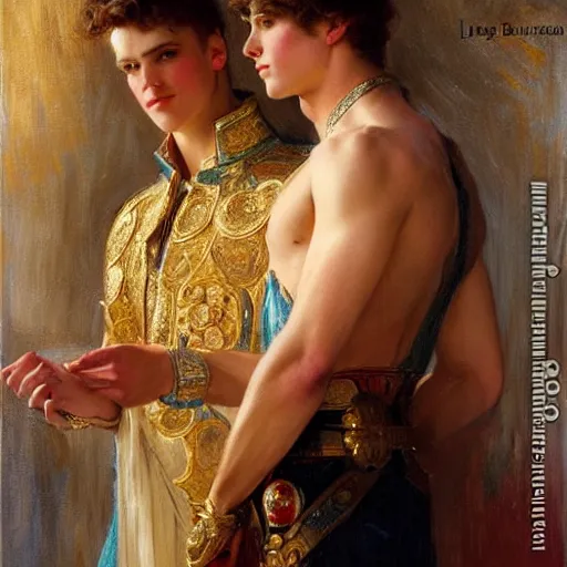 Image similar to attractive fully clothed king confesses his love for his attractive fully clothed male prince. highly detailed painting by gaston bussiere and j. c. leyendecker 8 k