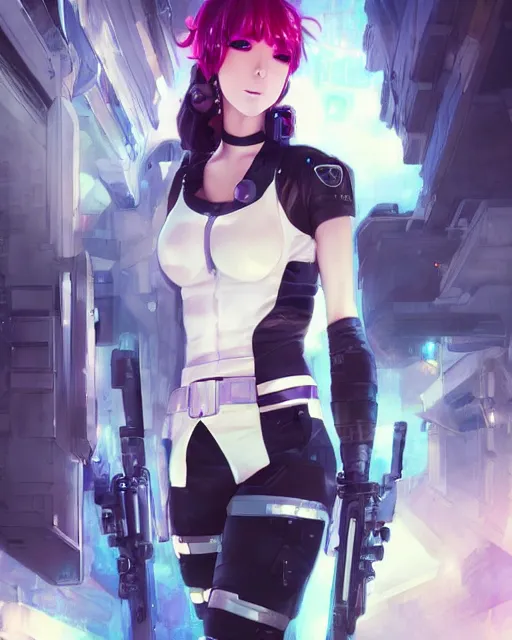 Image similar to nami, anime key visual of a young female swat officer, neon, cyberpunk, futuristic, white clothing, black vest, swat helmet, stunning, highly detailed, digital painting, smooth, soft focus, illustration, 4 k digital art from artstation by artgerm and greg rutkowski and alphonse mucha