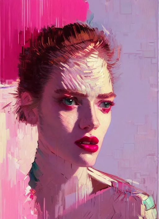 Image similar to portrait of a beautiful girl, putting on lipstick in mirror, shades of pink, beautiful face, rule of thirds, intricate outfit, spotlight, by greg rutkowski, by jeremy mann, by francoise nielly, by van gogh, digital painting