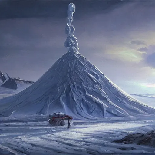 Image similar to an ice volcano, oil painting, cold, snow landscape, sci-fi concept art, very detailed