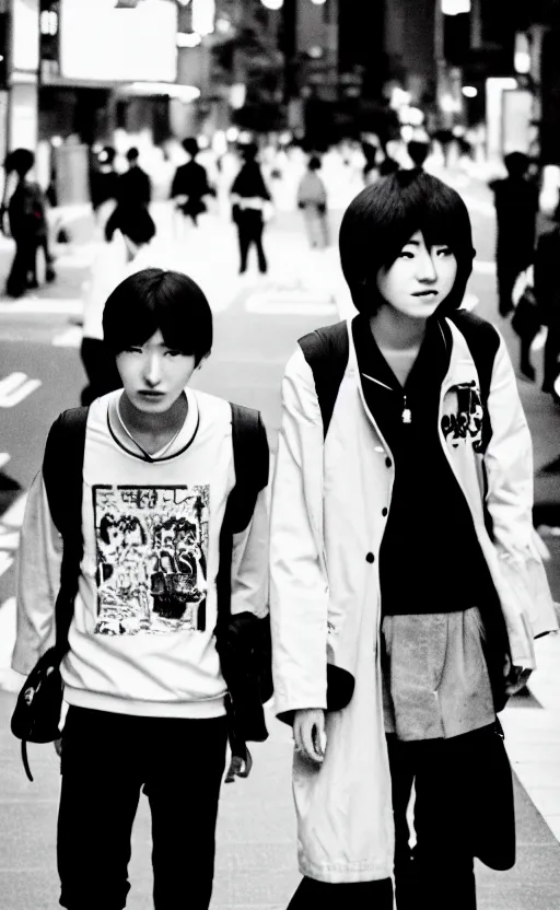 Image similar to japanese teenagers male and female, street photography in the 8 0 s, economic boom, punks, highly realistic, photography, highly detailed, cinematic lighting, tokyo, fashion, wearing sony walkman and headphones