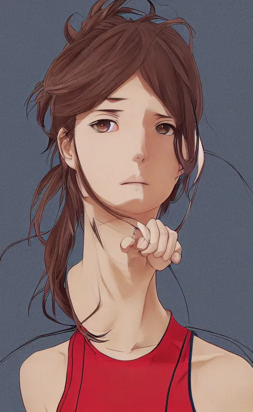 Image similar to anime style, female tennis player, red sport clothing, match point, brown short hair, hair down, symmetrical facial features, from arknights, hyper realistic, rule of thirds, extreme detail, 4 k drawing, safebooru, realistic lighting, by alphonse mucha, greg rutkowski, sharp focus, backlit