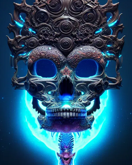 Image similar to 3 d ornate carved dark cosmic spirit with profile portrait, sigma 5 0 0 mm f / 5. beautiful intricate highly detailed quetzalcoatl skull. bioluminescent, plasma, lava, ice, water, wind, creature, thunderstorm! artwork by tooth wu and wlop and beeple and greg rutkowski, 8 k trending on artstation