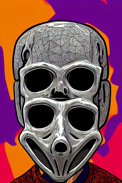 Image similar to random skateboarder with scary mask, pop art, aesthetic art, 8 k, asymmetrical, high details, digital painting, concept art, smooth, sharp focus, illustration, intricate, art by arstation and mimmo rottela, pixels art by paul robertson