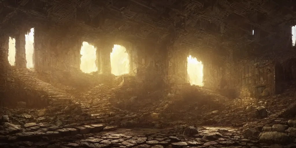 Prompt: Hyper realistic oil painting of the insides of an abandoned dwarven fortress, dark, torchlight, fantasy, cinematic lighting, broken furniture, dust, gloomy, by greg rutkowski, trending on artstation