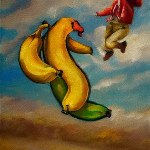 Prompt: oil painting impressionist stopwatch and banana flying through the air, flies, whimsical, detailed,