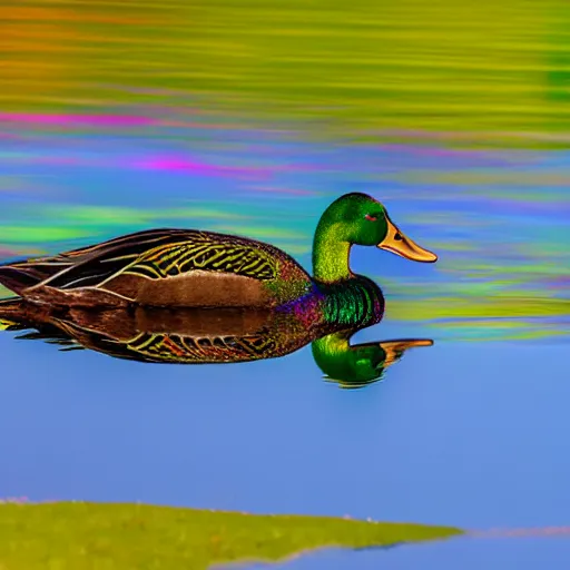 Image similar to a colorful iridescent mallard floating on a lake in the foothills of mount saint helens crater in the distance