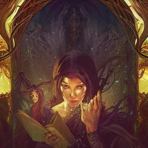 Prompt: “an eldritch book with a pocket dimension inside of it, D&D, fantasy, intricate, cinematic lighting, highly detailed, digital painting, artstation, concept art, smooth, sharp focus, illustration, art by Artgerm and Greg Rutkowski and Alphonse Mucha”