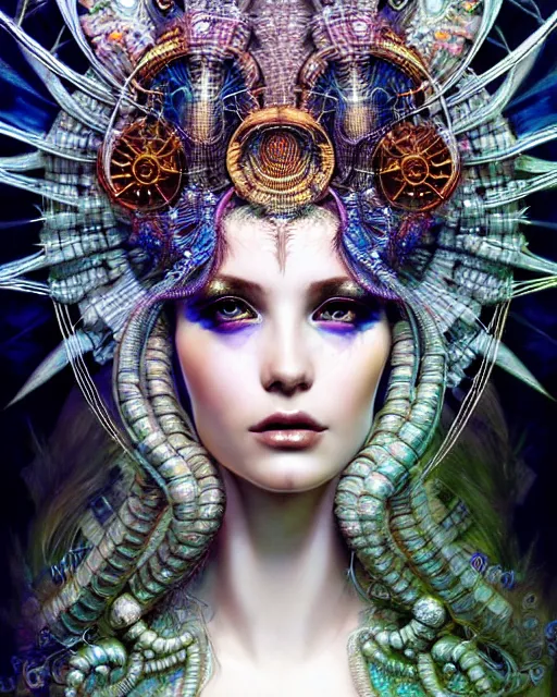 Prompt: hyperrealistic detailed portrait of a beautiful goddess in a cyber headdress, intricate cyberpunk make - up, art by android jones, ernst haeckel, nekro borja, alphonso mucha, h. r. giger, gothic - cyberpunk,