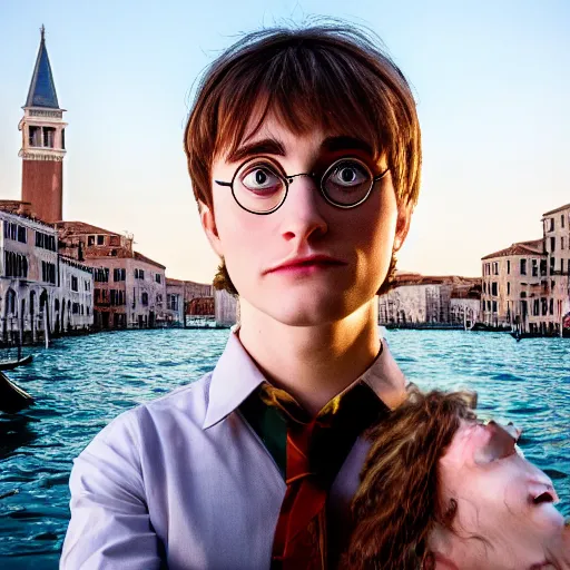 Prompt: Harry Potter and Hermione in Venice, symmetrical face, beautiful eyes, instagram photo, 4k, 8k