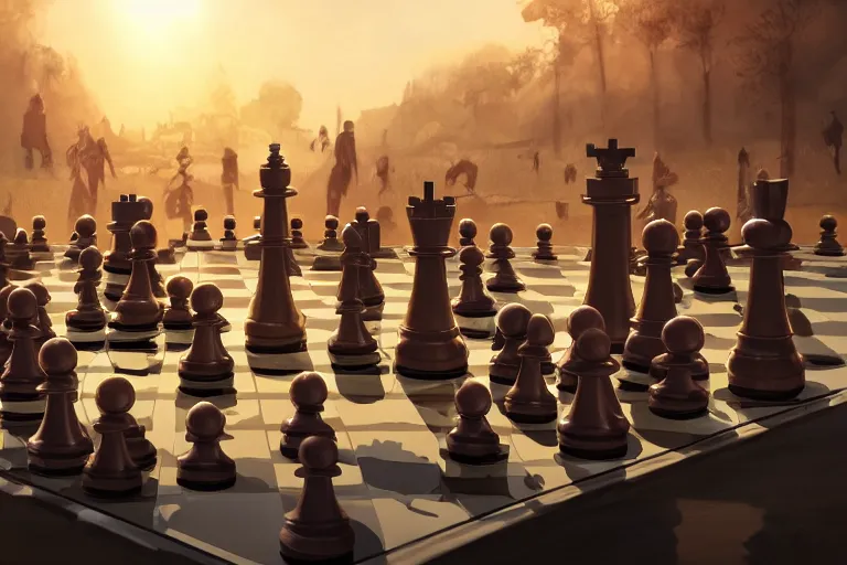 Image similar to a chess game where the pieces are zombies vs people, matte painting, long shot, concept art, wide shot, digital art, trending on artstation, 4 k, extremely detailed, realistic, midday, warm colors, golden sunlight, by greg rutkowski, cinematic, epic