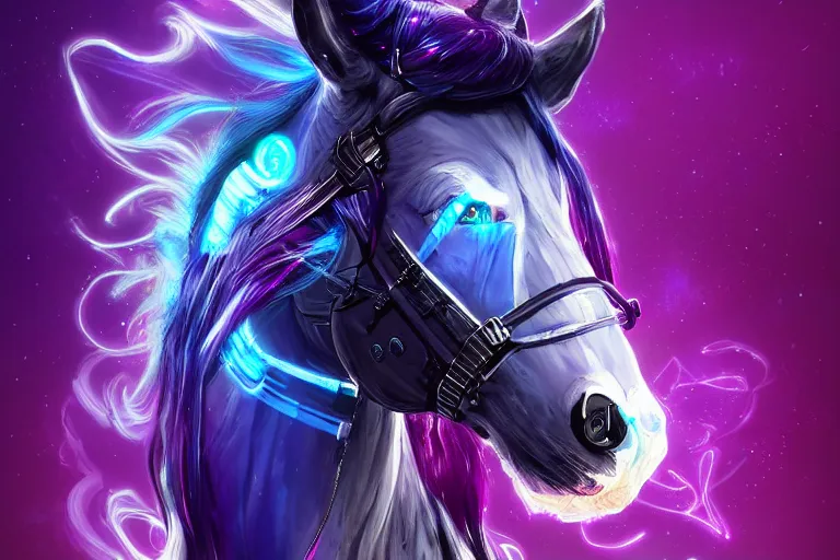 Image similar to a beautiful portrait of a cute cyberpunk horse with bioluminescent mane by sandra chevrier and greg rutkowski and wlop, purple blue color scheme, vaporware, retro, outrun, high key lighting, volumetric light, digital art, highly detailed, fine detail, intricate, ornate, complex, octane render, unreal engine, photorealistic