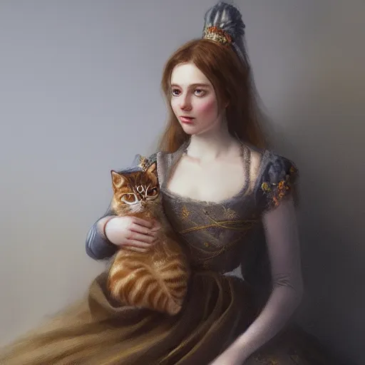 Prompt: portrait of a russian princess in her catsle holding a cat in her hand, in the style of charles sillem lidderdale, in the style of greg rutkowski, artstation, high quality art, super detail