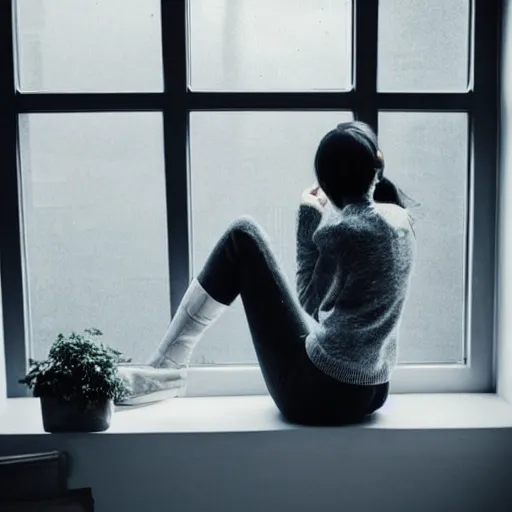 Prompt: a woman sitting on a window sill looking out the window, grey sweater, a stock photo by chen jiru, tumblr, aestheticism, movie still, pretty, pixiv