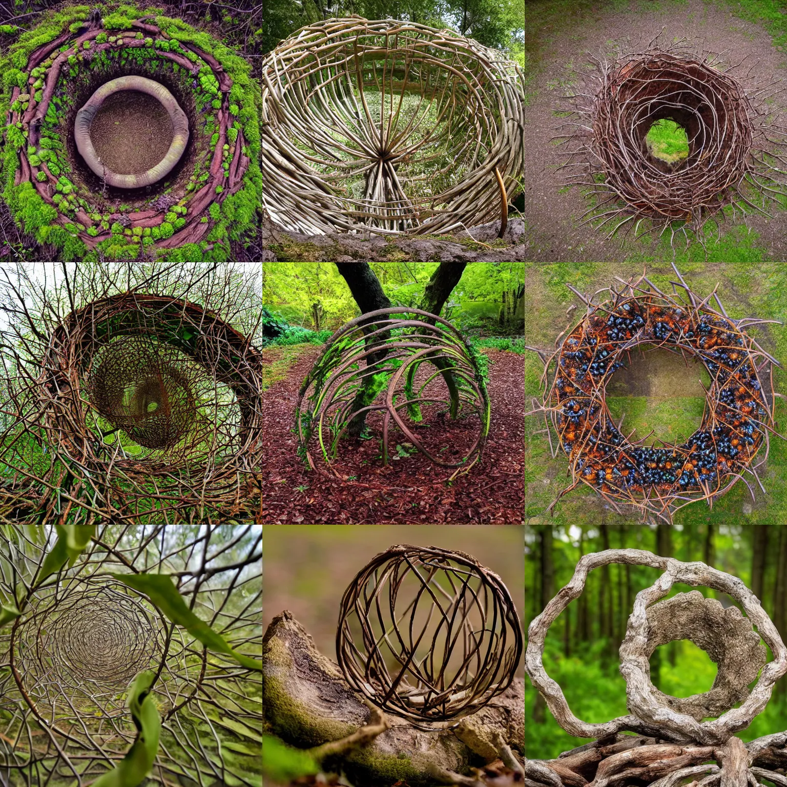Prompt: an environment art sculpture by Nils-Udo, leaves twigs wood, nature, natural, round form, berries inside centre of structure, leaf spiral pattern around structure