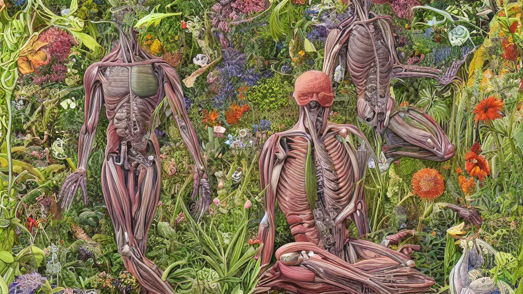 Prompt: highly detailed illustration of a single human anatomy body surrounded by all the known species of plants and flowers by juan gatti, by moebius!, by oliver vernon, by joseph moncada, by damon soule, by manabu ikeda, by kyle hotz, by dan mumford, by kilian eng