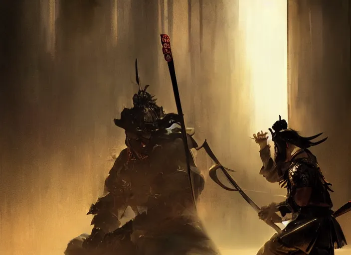 Image similar to samurai is on his knees, there is chaos around, volumetric lighting, digital painting, highly detailed, artstation, sharp focus, illustration, concept art, ruan jia, steve mccurry, amazing composition, gothic arch frame