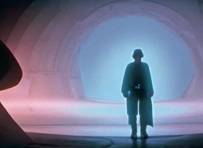 Image similar to Luke skywalker kneels before a strange star wars alien jedi oracle, a mystic with infinite knowledge of time. a strange ethereal foggy pink land. still from the 1983 film space odyssey directed by Stanley Kubrick, symmetrical framing, anamorphic, Photographed with Leica Summilux-M 24 mm lens, kodak stock, ISO 100, f/8, Portra 400