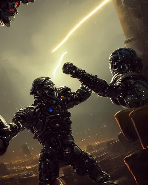 Image similar to highly detailed portrait of barbarians fist bumping in front of swords, lightning in background, cybernetic enhancements as seen from a distance, scifi character portrait by greg rutkowski, esuthio, craig mullins, 1 / 4 headshot, cinematic lighting, dystopian scifi gear, gloomy, profile picture, mechanical, half robot, implants, solarpunk