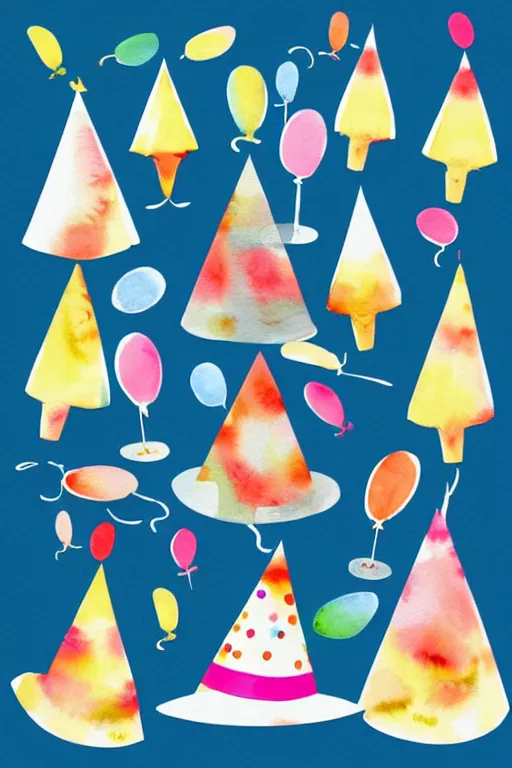 Prompt: minimalist watercolor art of birthday party hats on white background, illustration, vector art