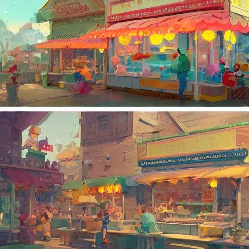 Prompt: Busytown ice cream shop, epic, fun, optimistic colors, by Greg Rutkowski