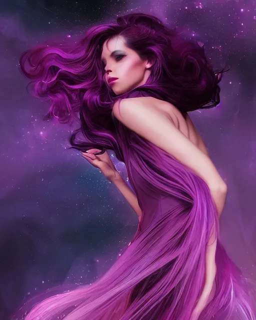 Prompt: silhouette of a beautiful! elegant woman, 3 0 years, long pink dark purple hair, dynamic strands, retrowave color scheme, fractal chaotic dark, nebula background, by wlop, mucha and julie bell, artstation, deviantart, 8 k, emotion, bokeh, pouring effects