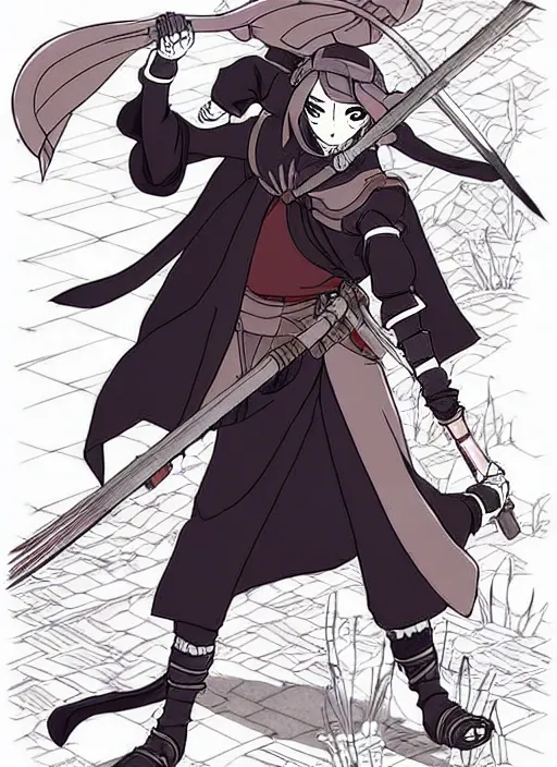 Image similar to cel - shaded anime character, full body design of an evil mountain bandit in the style of studio ghibli, moebius, ayami kojima, atelier lulua, clean linework