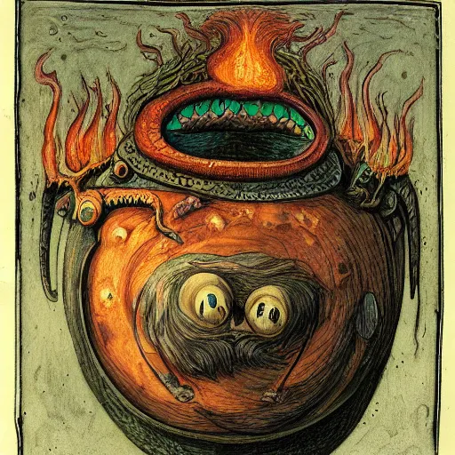 Prompt: bizarre bestiary of repressed unconscious emotional monsters and creatures in a fiery alchemical cauldron