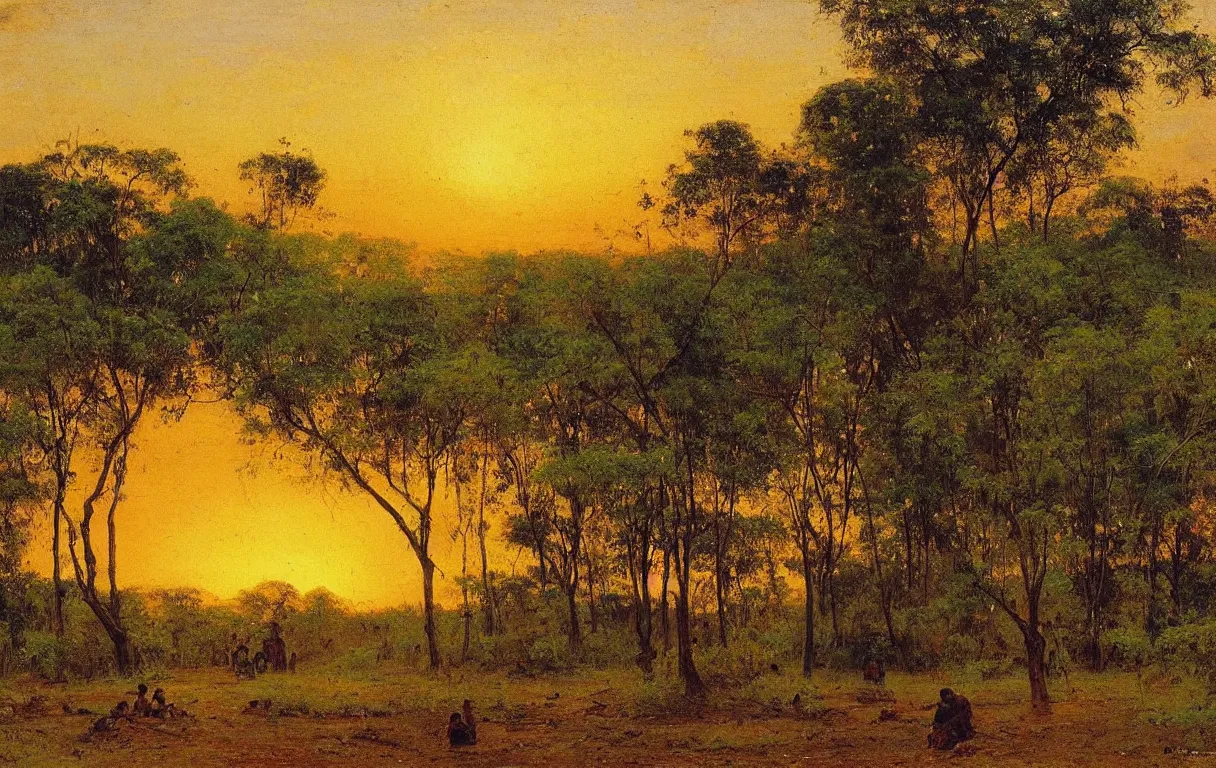 Prompt: landscape of the forests of Dahomey in Benin with a small village in centre painting, sun setting on horizon, 1885, colorful highly detailed oil on canvas, by Ilya Repin