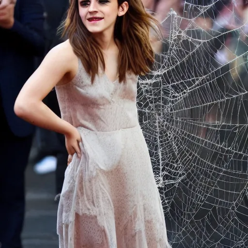 Image similar to emma watson stuck to the ground with giant spider webs