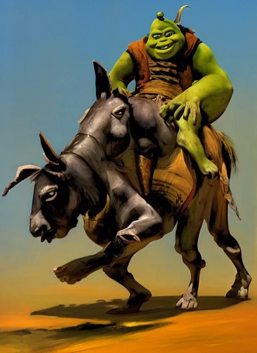 Prompt: shrek and donkey, painting by phil hale, fransico goya,'action lines '!!!, graphic style, visible brushstrokes, motion blur, blurry, visible paint texture, crisp hd image