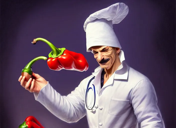 Image similar to anthropomorphic pepper wearing a white doctor's uniform, diffuse lighting, fantasy, hospital background, intricate, elegant, highly detailed, lifelike, photorealistic, digital painting, artstation, illustration, concept art, smooth, sharp focus, art by frank frazetta and marco bucci and loish and rossdraws and artgerm and alphonse mucha