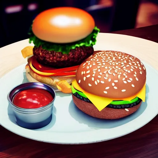 Prompt: A photo of a hamburger in a plate, ultra realistic, very detailed, 8K, mc donalds, french fries,