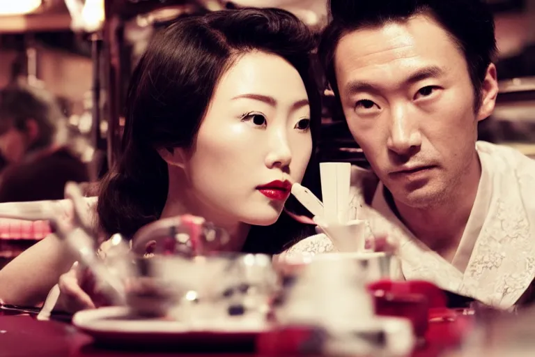 Image similar to movie interior closeup beautiful Japanese models couple closeup sitting and at 50s diner, night in the city, beautiful skin, by Emmanuel Lubezki