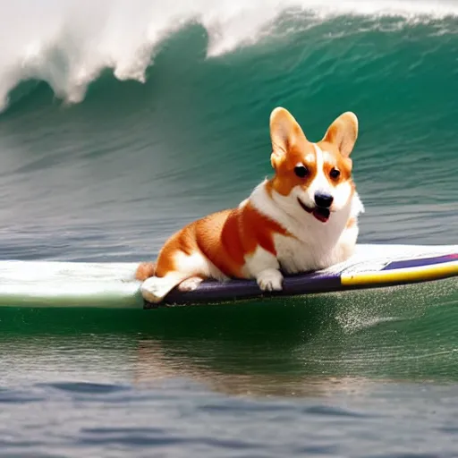 Prompt: corgi riding a surfboard in big wave