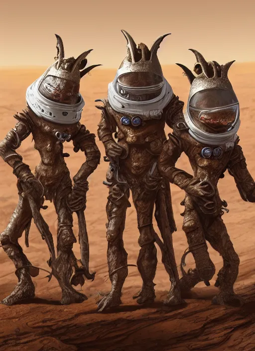 Prompt: group closeup portrait of medieval goblins wearing spacesuits on mars, depth of field, zeiss lens, detailed, symmetrical, centered, fashion photoshoot, by annie leibovitz and steve mccurry, david lazar, jimmy nelsson, breathtaking, 8 k resolution, extremely detailed, beautiful, establishing shot, artistic, hyperrealistic, beautiful face, octane render