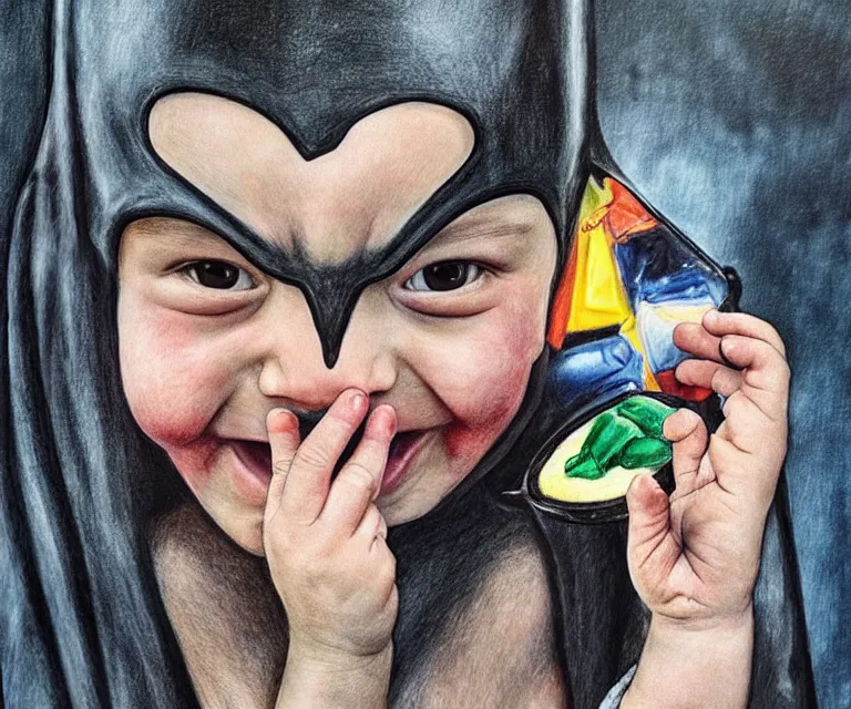 Image similar to “ sad batman crying and stress eating crayons from the box, small hands, simple, hyperrealism, photorealistic, hyperrealism, highly detailed, life like, high def ”