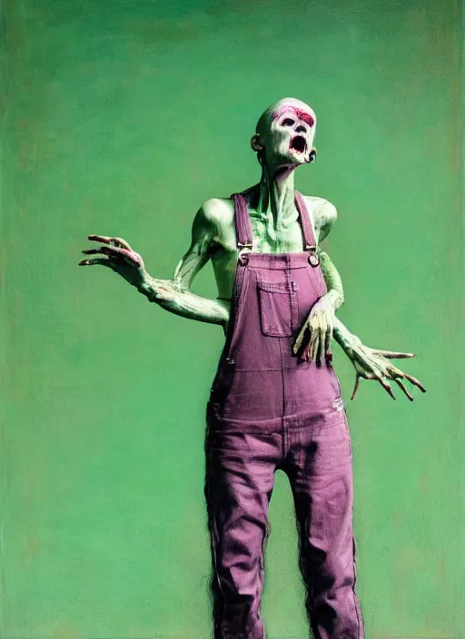 Prompt: an insane, skinny artist wearing torn overalls, expressively twisted body, interpretative dance with a large ghost, depth of field, hauntingly surreal, highly detailed oil painting, by francis bacon, edward hopper, adrian ghenie, glenn brown, soft light 4 k, pink and green colour palette, cinematic composition, cinematic lighting, high quality octane render