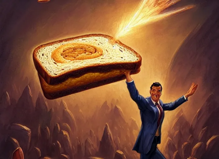 Image similar to a single giant magical piece of toast with a stern facial expression wearing a business suit and floating in the air, a crowd of breadloaves bowing down below, by marco bucci and frank frazetta, magic : the gathering fantasy concept art, high resolution, fantasy coloring, intricate, digital painting, artstation, smooth, sharp focus