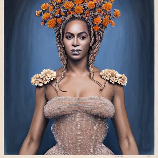 Image similar to facial portrait of Beyonce as a young pretty woman in flowing dress, arrogant, mysterious, long fine flowing hair, delicate, looking at camera, slightly awkward smile, realistic face, no hands visible, intricate, stylish, elegant, grimdark fantasy, flowers, extremely detailed painting by Martine Johanna and Ernst Haeckel and Greg Rutkowski