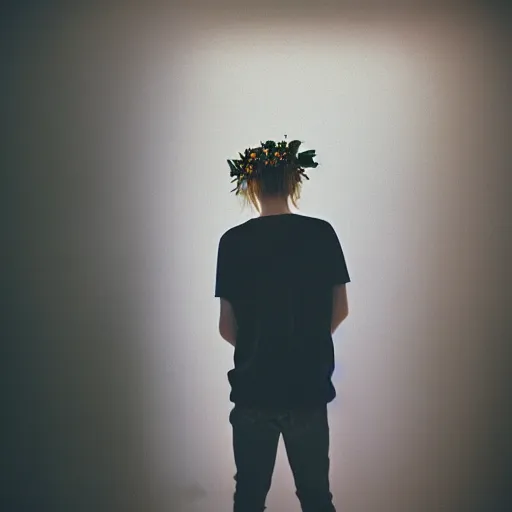 Image similar to kodak portra 4 0 0 photograph of a skinny blonde goth guy standing in a cluttered bedroom, back view, flower crown, moody lighting, telephoto, 9 0 s vibe, blurry background, vaporwave colors, faded!,