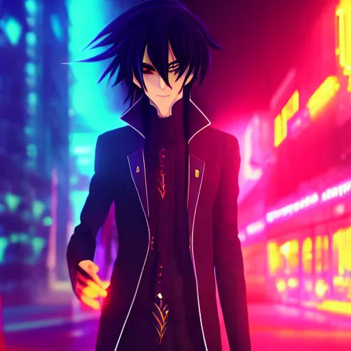 Lelouch Lamperouge in a neon city, octane render 8k,, Stable Diffusion