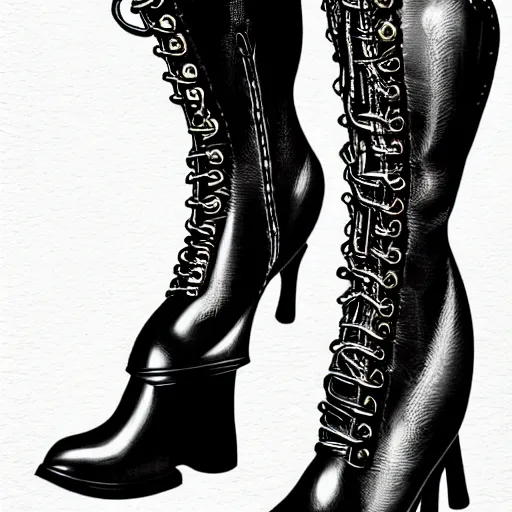 Prompt: close - up of a walking woman's leather boots, punk rock, 1 9 8 0's art, airbrush style, art by hajime sorayama,, intricate, elegant, sharp focus, illustration, highly detailed, h 6 4 0