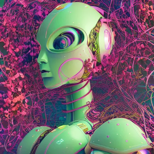 Prompt: colourful vfx art - portrait of aremy mech robot wrapped in flowers & vines, art by hsiao - ron cheng & james jean, volumetric light, ray tracing, sharp, detailed, digital painting, illustration, highly detailed, intricate detail, unreal engine, octane render, pinterest, behance, art station,