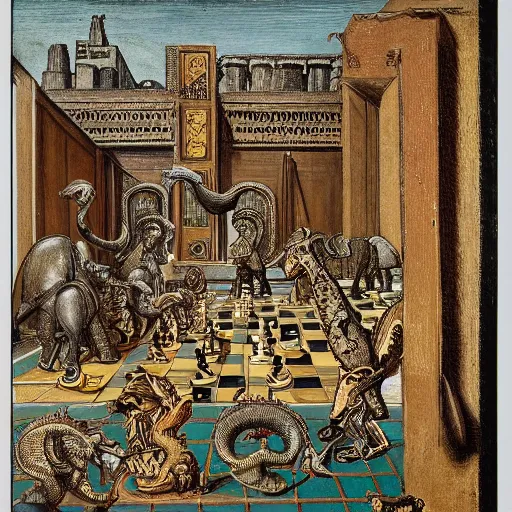 Image similar to portrait of a chessboard, with dragons and elephants as chess pieces, highly detailed, in the style of Giorgio de Chirico